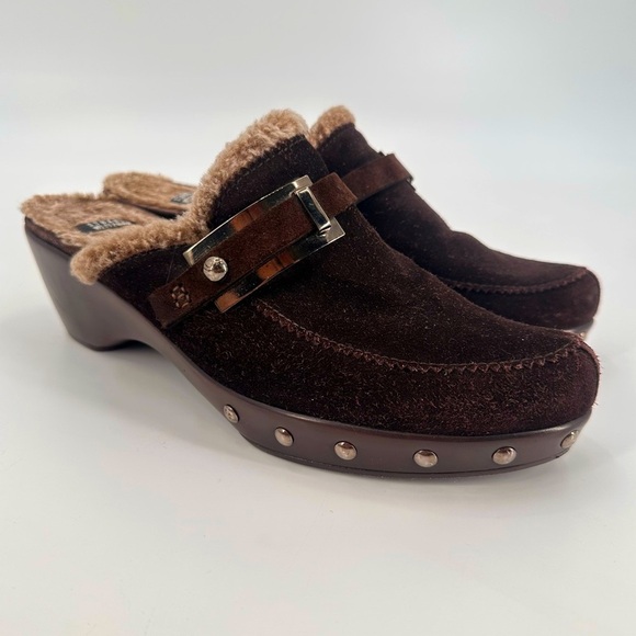 Stuart Weitzman Shoes - Stuart Weitzman Brown Suede Clogs with Fur Trim